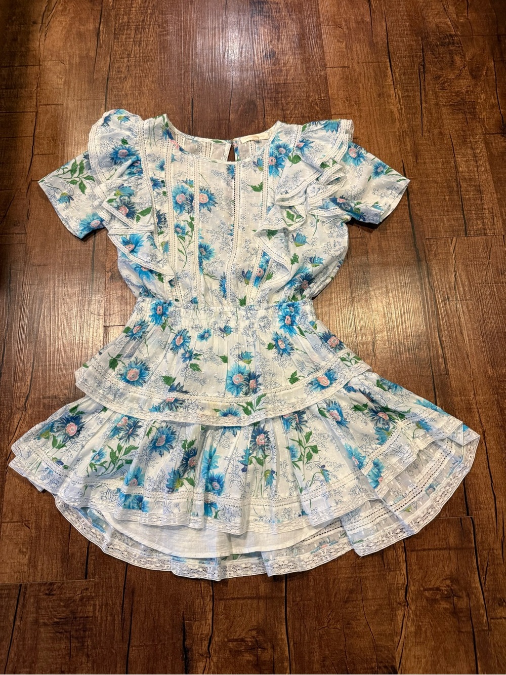 LoveShackFancy White Mini Dress with Blue Floral Ruffles